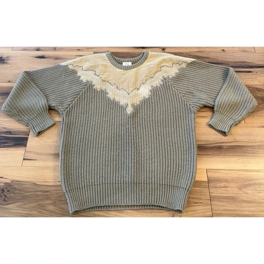 Vintage Together! Chunky Knit Sweater Western‎ Yoke Green Beige S